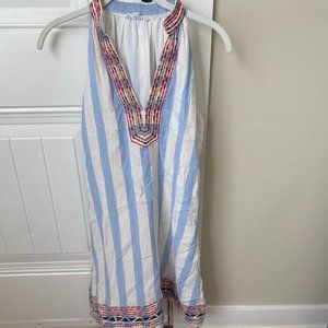 V-neck Blue Striped dress with Embroidered Top